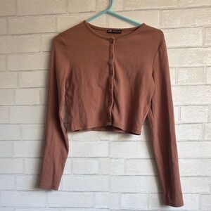 Zara Cropped Button Front Long Sleeve Ribbed Carmel Brown Orange Top